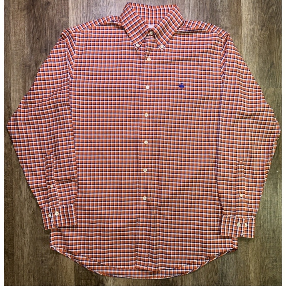 Brooks‎ Brothers Mens Orange & Blue Plaid 346 Button Down No Iron Polo Shirt L
